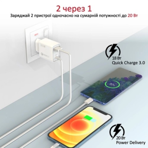 Зарядное устройство Promate 20W PD Lightning + USB QC3.0 (icharge-pdqc3.white)