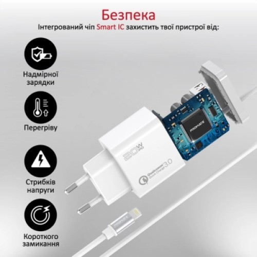 Зарядное устройство Promate 20W PD Lightning + USB QC3.0 (icharge-pdqc3.white)