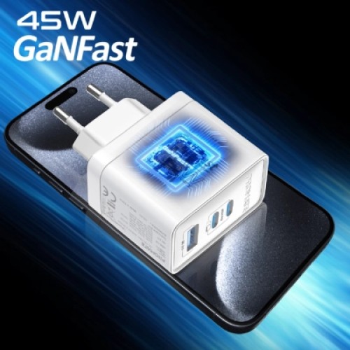 Зарядное устройство Promate powerport-45 2xUSB-C PD + USB-A QC 45W White (powerport-45.white)