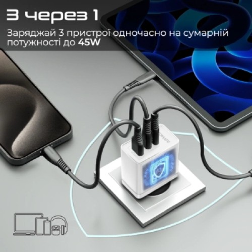 Зарядное устройство Promate powerport-45 2xUSB-C PD + USB-A QC 45W White (powerport-45.white)
