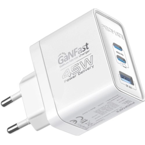 Зарядное устройство Promate powerport-45 2xUSB-C PD + USB-A QC 45W White (powerport-45.white)