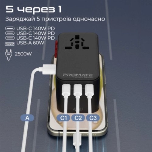 Зарядное устройство Promate tripmate-gan160 3xUSB-C PD + USB-A QC 160W GaN Black (tripmate-gan160)