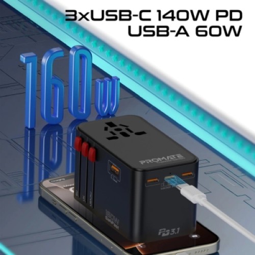 Зарядное устройство Promate tripmate-gan160 3xUSB-C PD + USB-A QC 160W GaN Black (tripmate-gan160)