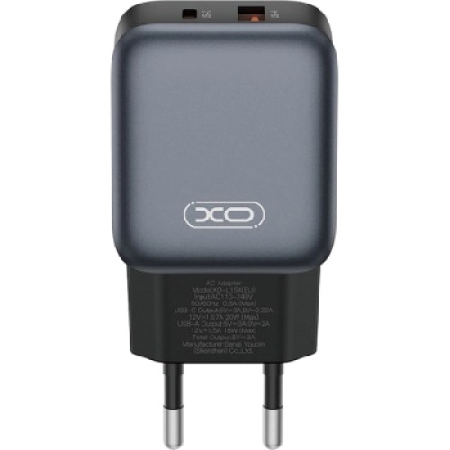 Зарядное устройство XO L154 USB-C PD20W + USB-A QC3.0 Black (L154.black)