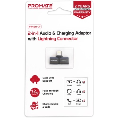 Переходник Lightning M to 2xLightning F Audiо + Charge Promate (ihinge-lt.black)