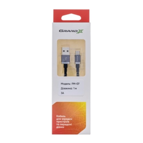 Дата кабель USB 2.0 AM to Micro 5P 1.0m 3A silver black Grand-X (FM07SB)