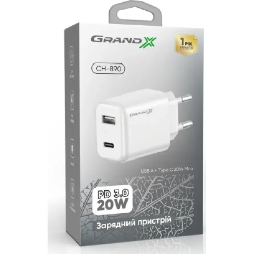 Зарядное устройство Grand-X CH-890 Fast Charge 1xUSB-C PD20W + 1xUSB QC4.0 + AFC SCP FCP Black (CH-890)