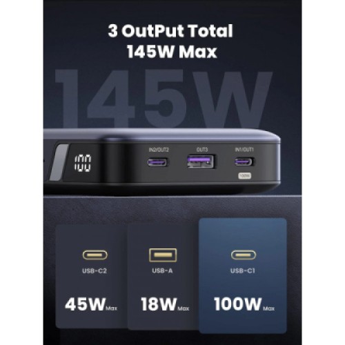 Батарея универсальная Ugreen 25000mAh 145W PD/3.0, QC/3.0, наскр. живл. 65Вт (PB205) (90597A)