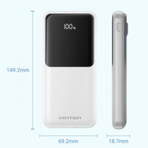 Батарея универсальная Vention 10000mAh 22.5W 3A PD, Built-in USB-C+Lightning Cables, White (FHOW0)