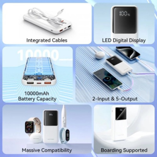 Батарея универсальная Vention 10000mAh 22.5W 3A PD, Built-in USB-C+Lightning Cables, White (FHOW0)