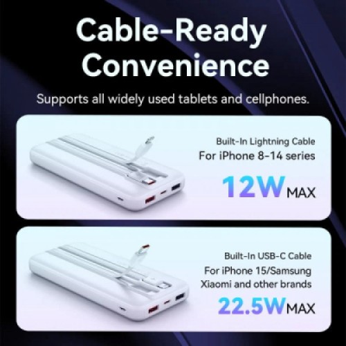 Батарея универсальная Vention 10000mAh 22.5W 3A PD, Built-in USB-C+Lightning Cables, White (FHOW0)
