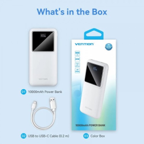 Батарея универсальная Vention 10000mAh 22.5W 3A PD, QC/3.0, LED Display, White (FHKW0)