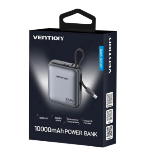 Батарея универсальная Vention 10000mAh 35W 3A PD, Type-C in/out, Built-in USB-C Cable, LED Display,Gray (FHEH0)