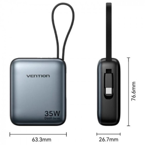 Батарея универсальная Vention 10000mAh 35W 3A PD, Type-C in/out, Built-in USB-C Cable, LED Display,Gray (FHEH0)