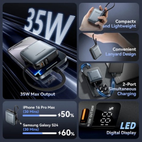 Батарея универсальная Vention 10000mAh 35W 3A PD, Type-C in/out, Built-in USB-C Cable, LED Display,Gray (FHEH0)