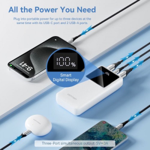 Батарея универсальная Vention 20000mAh 22.5W 3A, PD, QC/3.0, LED Display, White (FHLW0)