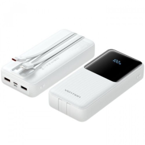 Батарея универсальная Vention 20000mAh 22.5W 3A, PD, QC/3.0, Built-in USB-C+Lightning Cables, White (FHPW0)