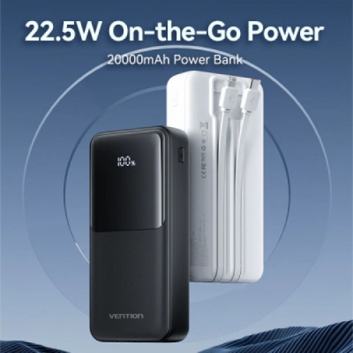 Батарея универсальная Vention 20000mAh 22.5W 3A, PD, QC/3.0, Built-in USB-C+Lightning Cables, White (FHPW0)