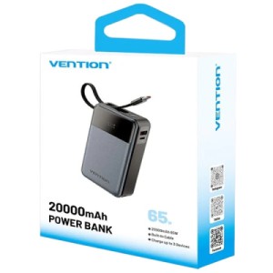 Батарея универсальная Vention 20000mAh 65W 3A PD, QC/3.0, USB-A, Type-C OUT, with Built-in USB-C Cable, LED Display (FHYB0)