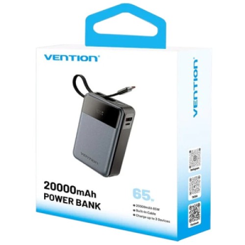 Батарея универсальная Vention 20000mAh 65W 3A PD, QC/3.0, USB-A, Type-C OUT, with Built-in USB-C Cable, LED Display (FHYB0)
