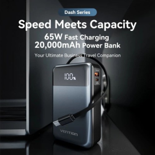 Батарея универсальная Vention 20000mAh 65W 3A PD, QC/3.0, USB-A, Type-C OUT, with Built-in USB-C Cable, LED Display (FHYB0)