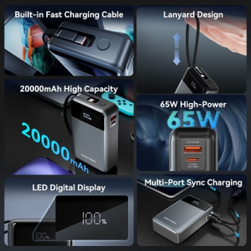 Батарея универсальная Vention 20000mAh 65W 3A PD, QC/3.0, USB-A, Type-C OUT, with Built-in USB-C Cable, LED Display (FHYB0)