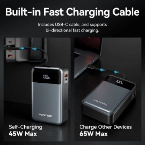 Батарея универсальная Vention 20000mAh 65W 3A PD, QC/3.0, USB-A, Type-C OUT, with Built-in USB-C Cable, LED Display (FHYB0)