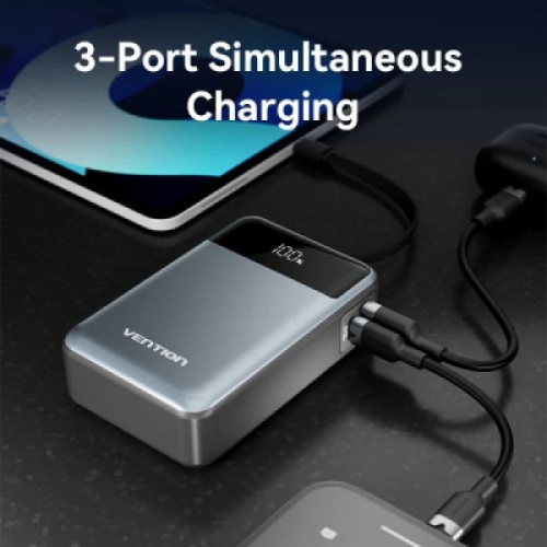 Батарея универсальная Vention 20000mAh 65W 3A PD, QC/3.0, USB-A, Type-C OUT, with Built-in USB-C Cable, LED Display (FHYB0)