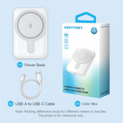 Батарея универсальная Vention Magnetic Wireless 5000mAh 20W 3A, PD USB-C, Light Indicator, White (FHSW0)