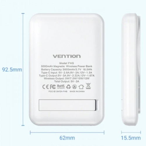 Батарея универсальная Vention Magnetic Wireless 5000mAh 20W 3A, PD USB-C, Light Indicator, White (FHSW0)