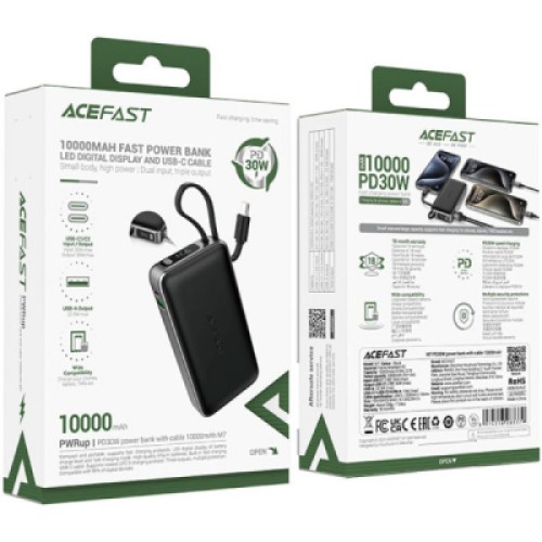 Батарея универсальная Acefast 10000mAh 30W PD, USB-C witch cable, USB-A, Li-Pol, M7 Black (6974316283379)