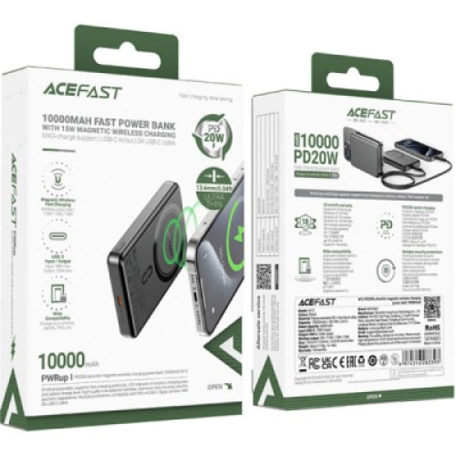 Батарея универсальная Acefast Magnetic Wireless 10000mAh 20W PD, QC/3.0, QI 15W, M12 Black (6974316283393)