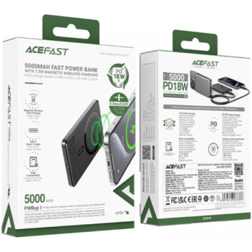 Батарея универсальная Acefast Magnetic Wireless 5000mAh 18W PD, QC/3.0, QI 7.5W, ультра тонкий, M8 Bllack (6974316283386)