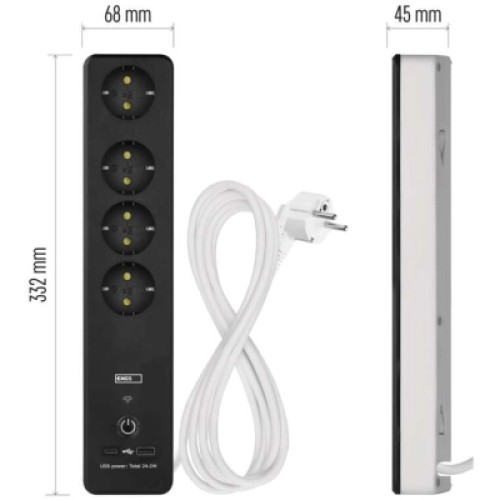 Сетевой удлинитель EMOS P1422SM 2m 4 роз. 1xUSB-A 1xUSB-C Wi-Fi 1,5мм2 (P1422SM)