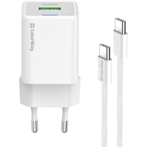 Зарядное устройство ColorWay C101A GaN Mini 20W PD PPS USB-C + USB-A QC4.0 + cable USB-C to USB-C black (CW-CHS062PDC-WT)