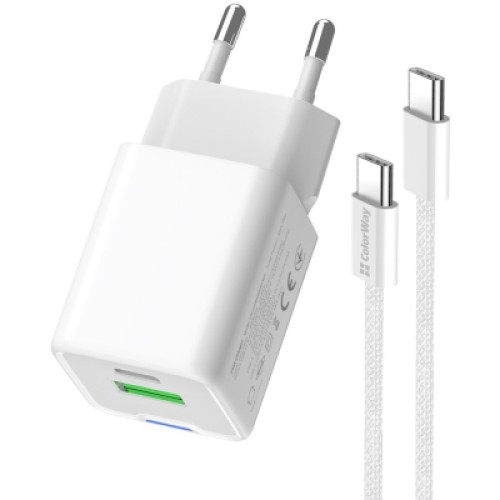 Зарядное устройство ColorWay C101A GaN Mini 20W PD PPS USB-C + USB-A QC4.0 + cable USB-C to USB-C black (CW-CHS062PDC-WT)