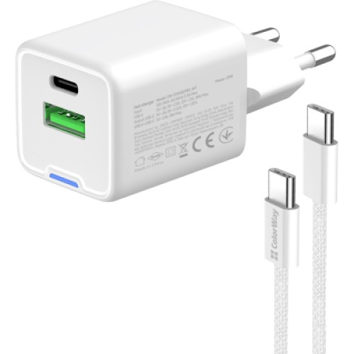 Зарядное устройство ColorWay C101A GaN Mini 20W PD PPS USB-C + USB-A QC4.0 + cable USB-C to USB-C black (CW-CHS062PDC-WT)
