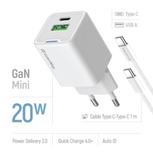 Зарядное устройство ColorWay C101A GaN Mini 20W PD PPS USB-C + USB-A QC4.0 + cable USB-C to USB-C black (CW-CHS062PDC-WT)