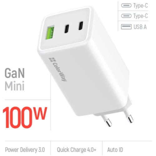 Зарядное устройство ColorWay C101B GaN Mini 100W PD PPS 2xUSB-C + USB-A white (CW-CHS061PD-WT)