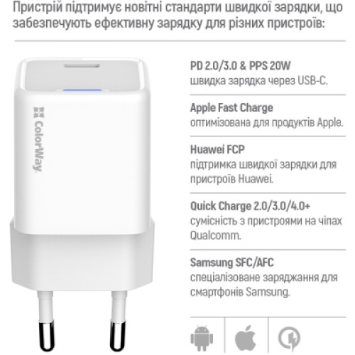 Зарядное устройство ColorWay C101C GaN Mini 20W PD PPS USB-C white (CW-CHS059PD-WT)