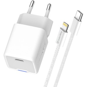 Зарядное устройство ColorWay C101D GaN Mini 20W PD PPS USB-C + cable USB-C to Lightning white (CW-CHS059PDL-WT)