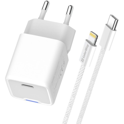 Зарядное устройство ColorWay C101D GaN Mini 20W PD PPS USB-C + cable USB-C to Lightning white (CW-CHS059PDL-WT)