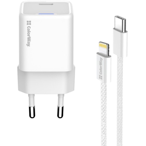 Зарядное устройство ColorWay C101D GaN Mini 20W PD PPS USB-C + cable USB-C to Lightning white (CW-CHS059PDL-WT)