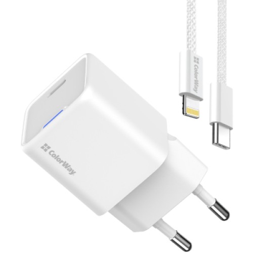 Зарядное устройство ColorWay C101D GaN Mini 20W PD PPS USB-C + cable USB-C to Lightning white (CW-CHS059PDL-WT)