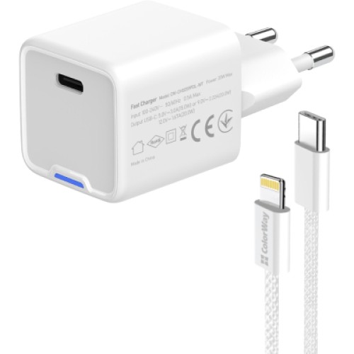 Зарядное устройство ColorWay C101D GaN Mini 20W PD PPS USB-C + cable USB-C to Lightning white (CW-CHS059PDL-WT)