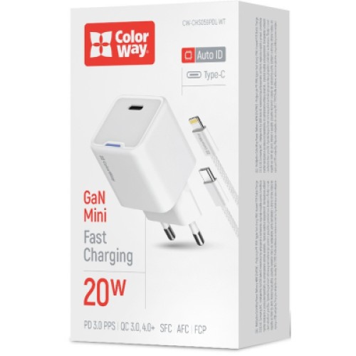 Зарядное устройство ColorWay C101D GaN Mini 20W PD PPS USB-C + cable USB-C to Lightning white (CW-CHS059PDL-WT)