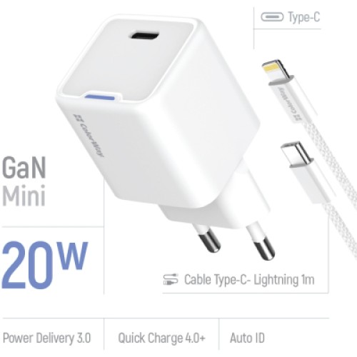 Зарядное устройство ColorWay C101D GaN Mini 20W PD PPS USB-C + cable USB-C to Lightning white (CW-CHS059PDL-WT)
