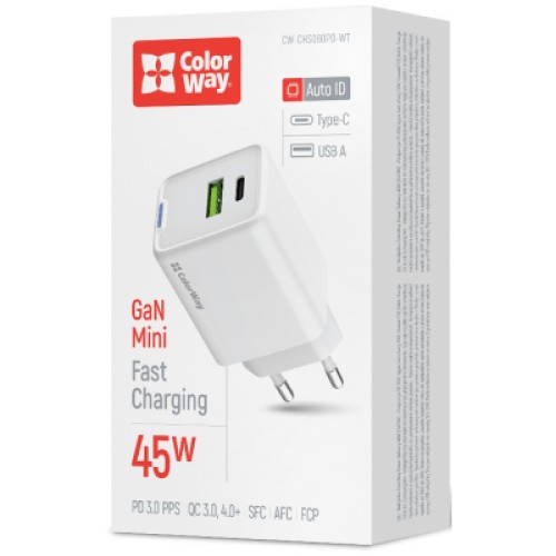 Зарядное устройство ColorWay C101E GaN Mini 45W PD PPS USB-C + USB-A QC4.0 white (CW-CHS060PD-WT)