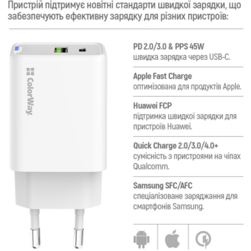 Зарядное устройство ColorWay C101E GaN Mini 45W PD PPS USB-C + USB-A QC4.0 white (CW-CHS060PD-WT)