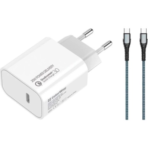 Зарядное устройство ColorWay C102A Power Delivery 20W USB-C + cable USB-C to USB-C 1.0m 3.0A 65W grey (CW-CHS026PD-WT/CBPDCC040-GR)